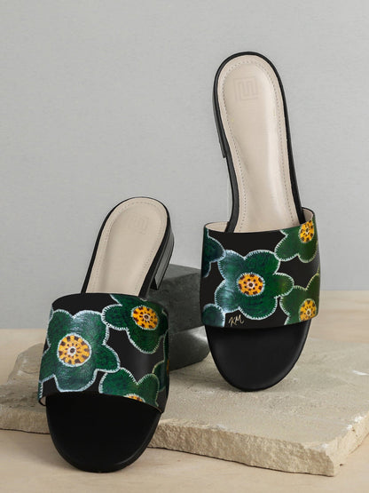 Emerald Bloom Hand Painted Black Flats