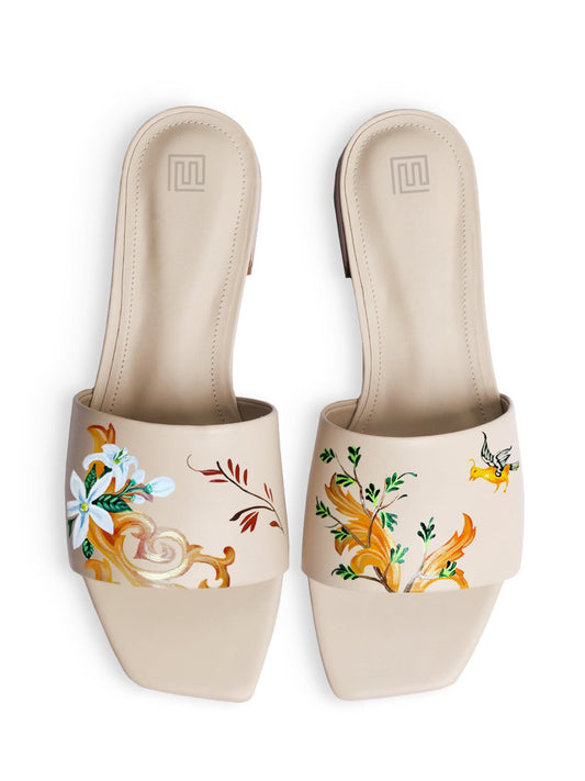 Tangerine Petals Hand Painted Beige Flats