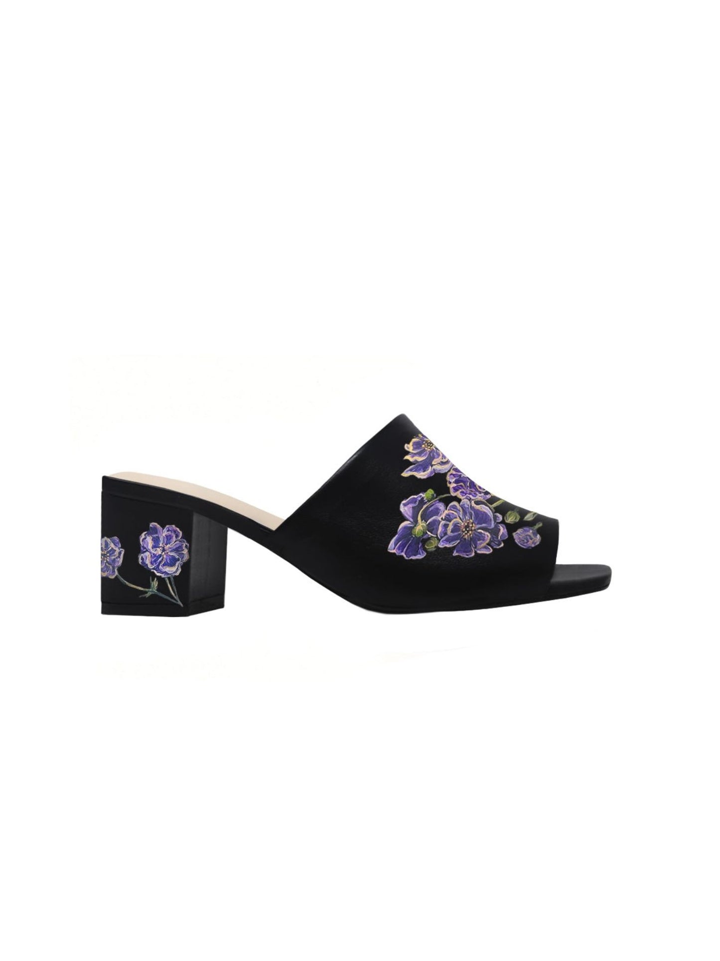 Cosmos Flower Black Hand Painted Block Heels