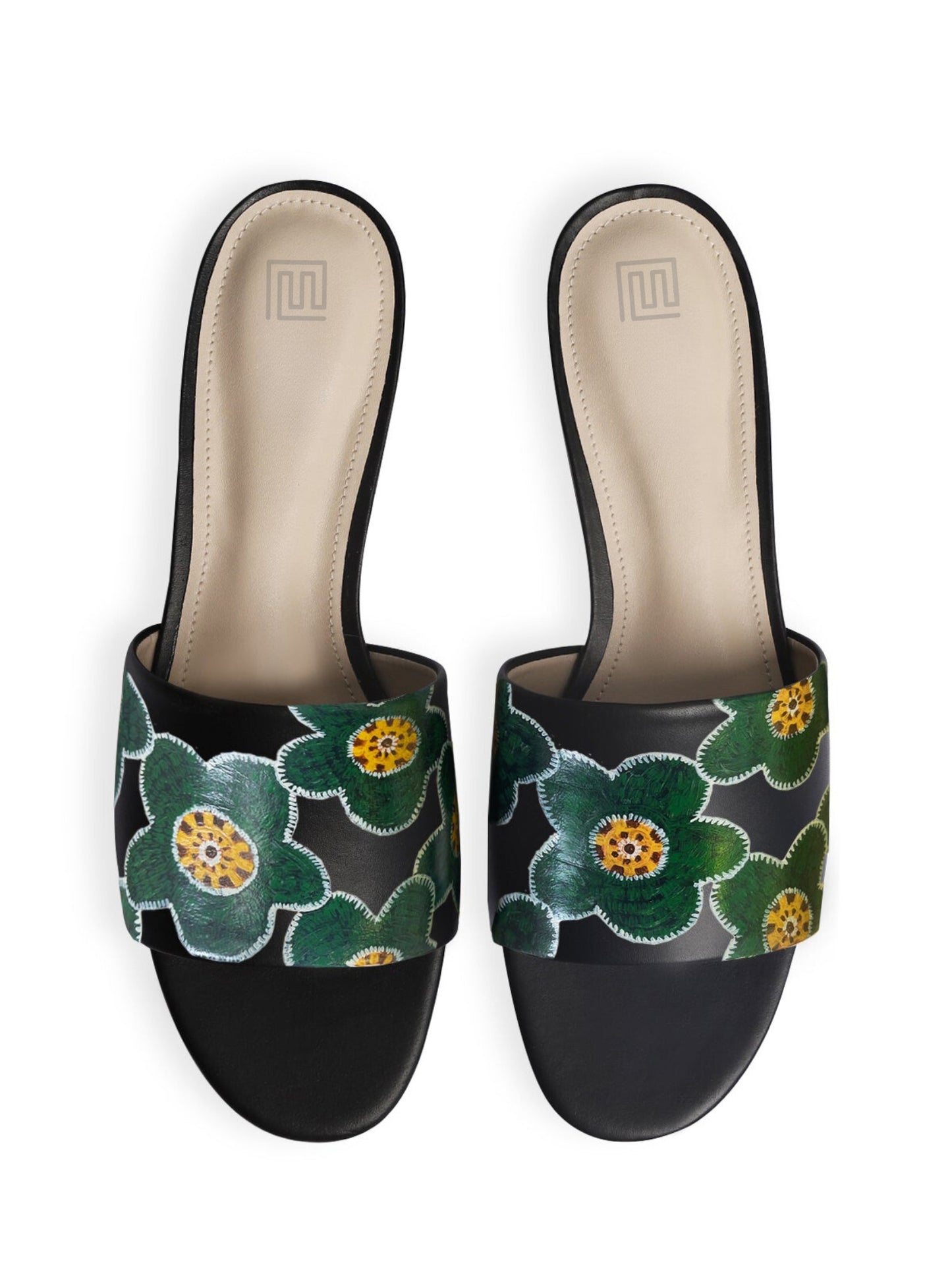 Emerald Bloom Hand Painted Black Flats