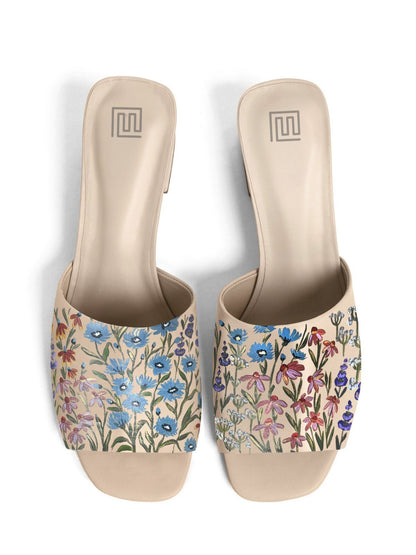 Floral Print Beige Hand Painted Block Heels