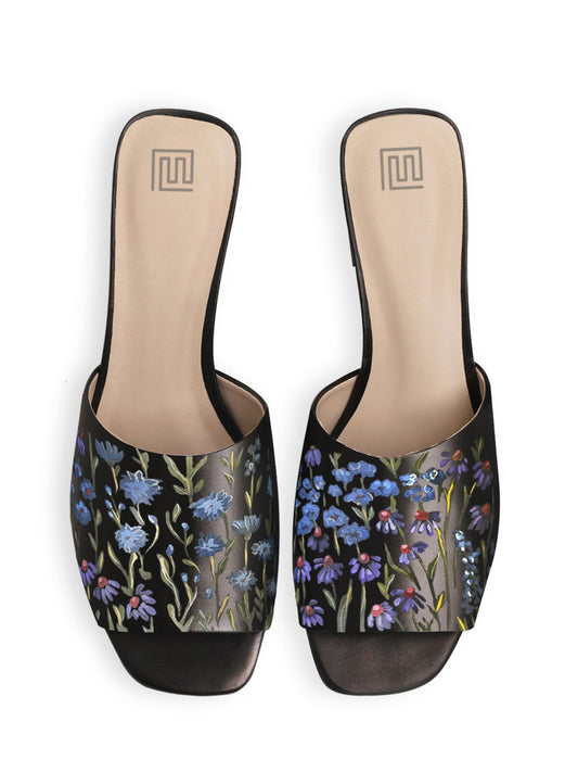 Floral Print Black Hand Painted Block Heels