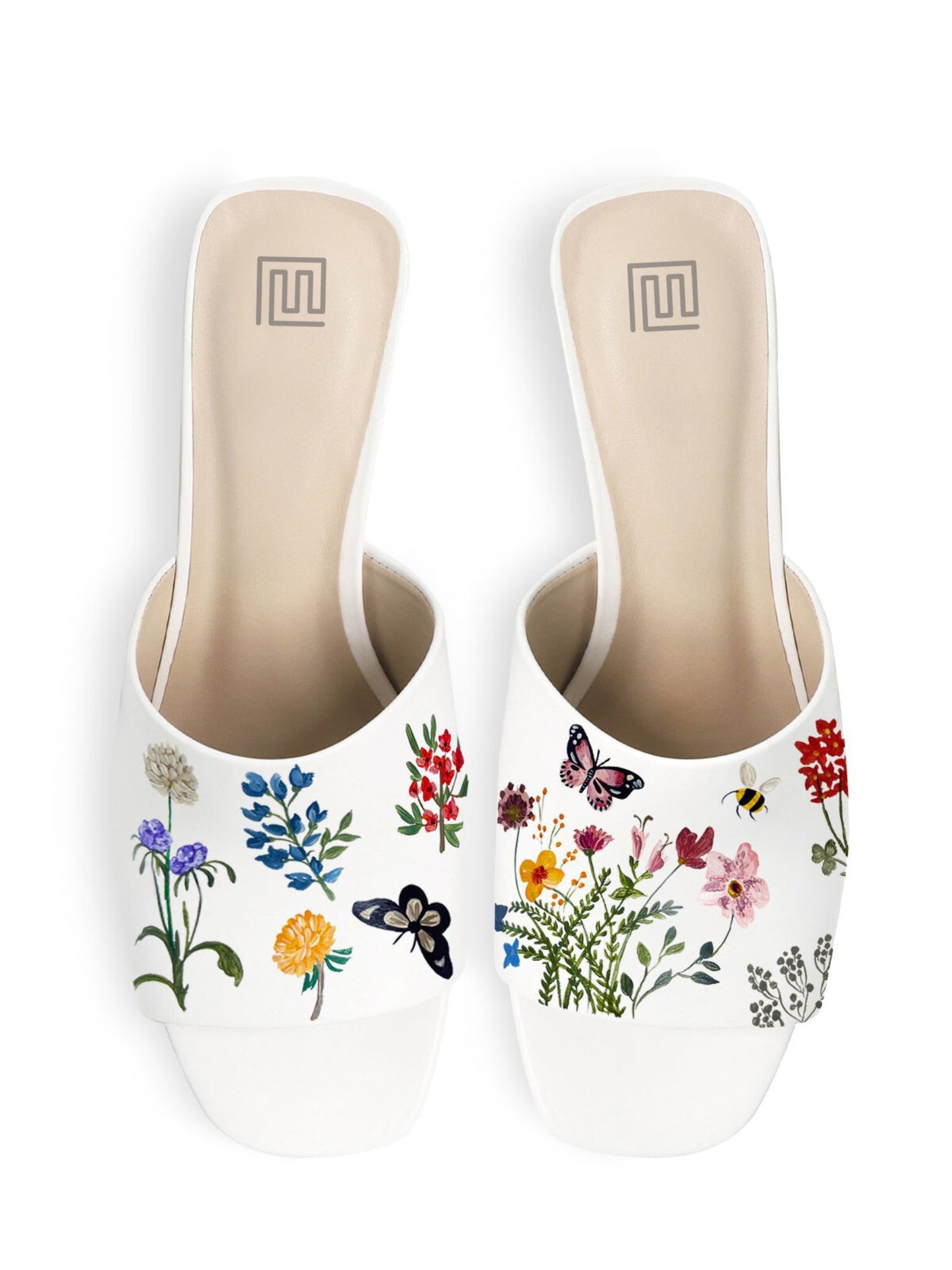 Pressed Flowers White Hand Painted Block Heels