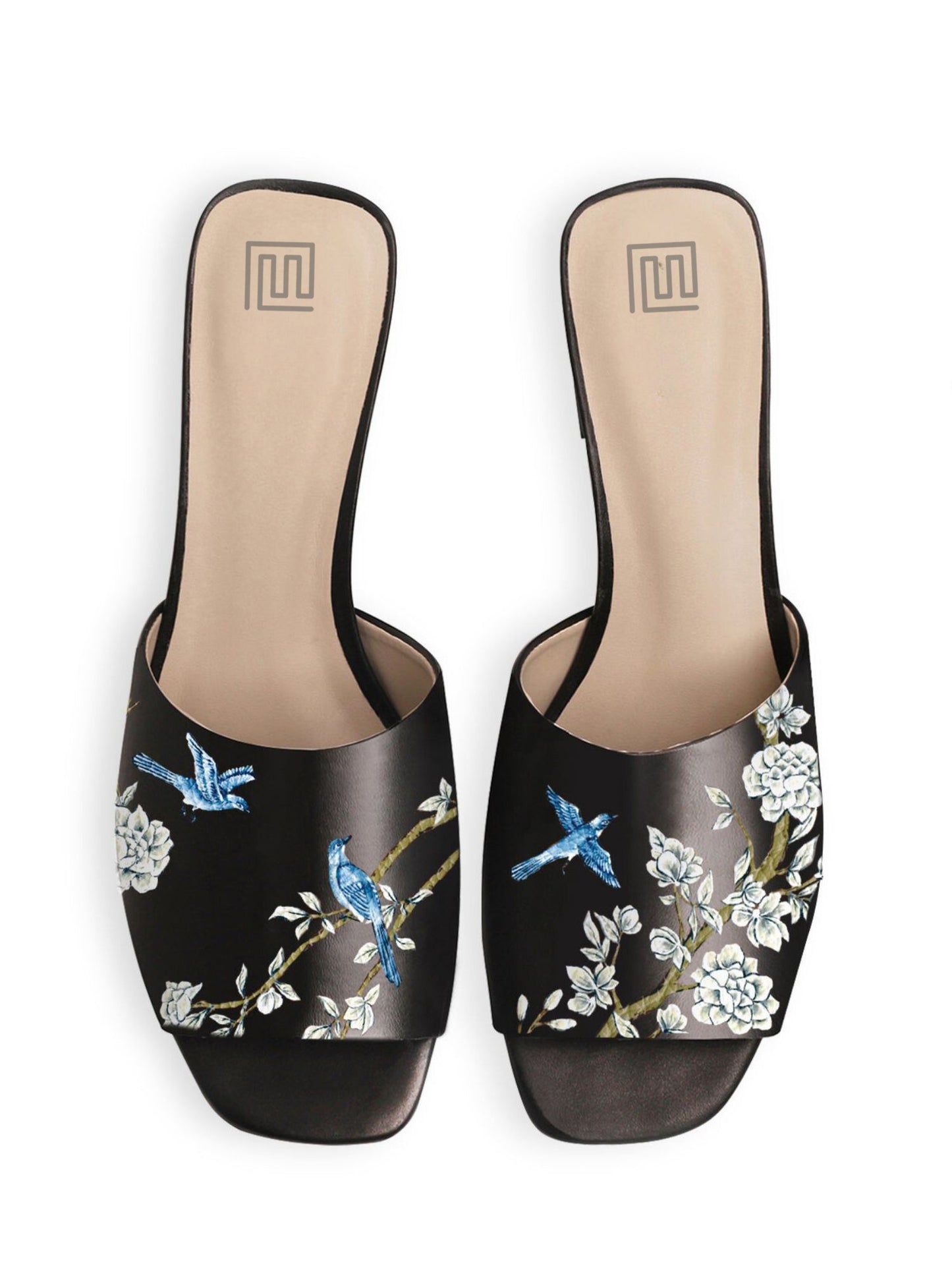 Japanese Garden Black Hand Painted Block Heels