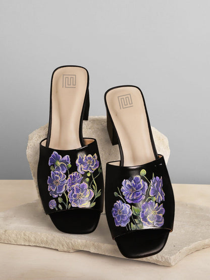 Cosmos Flower Black Hand Painted Block Heels