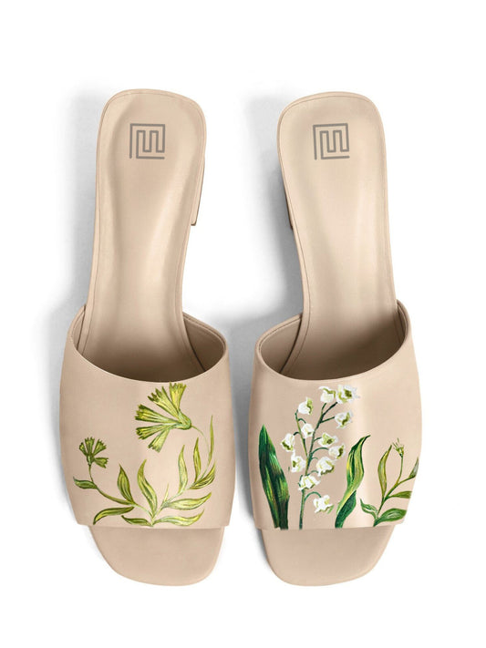 Lily Of The Valley Beige Hand Painted Block Heels