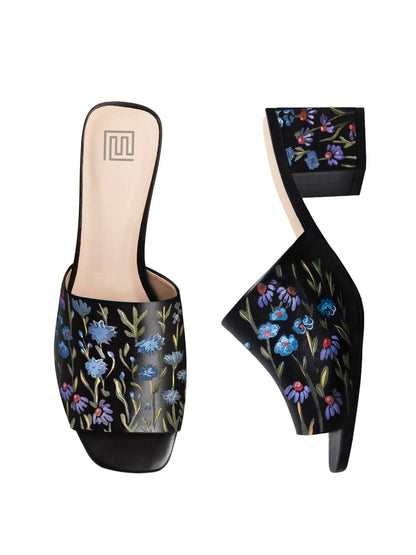 Floral Print Black Hand Painted Block Heels