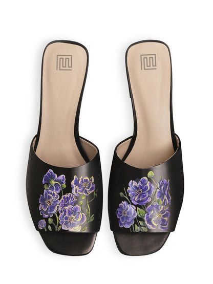 Cosmos Flower Black Hand Painted Block Heels