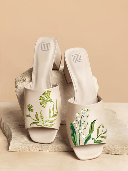 Lily Of The Valley Beige Hand Painted Block Heels