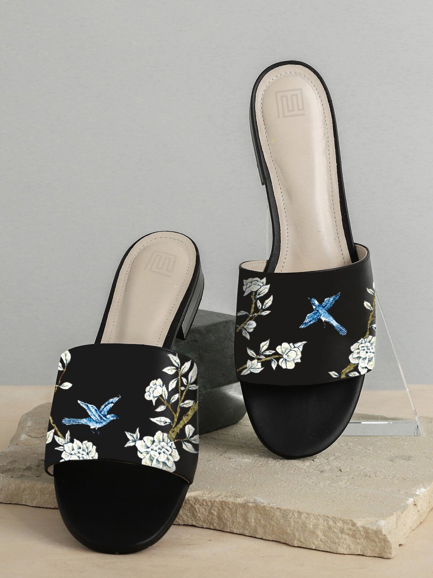 White Enchanting Floral Hand Painted Black Flats