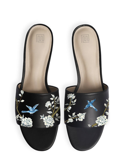 White Enchanting Floral Hand Painted Black Flats