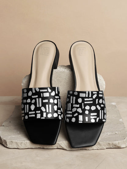 Silver Abstract Pattern Hand Painted Black Flats