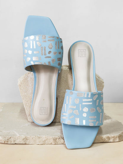 Silver Abstract Pattern Hand Painted Blue Flats