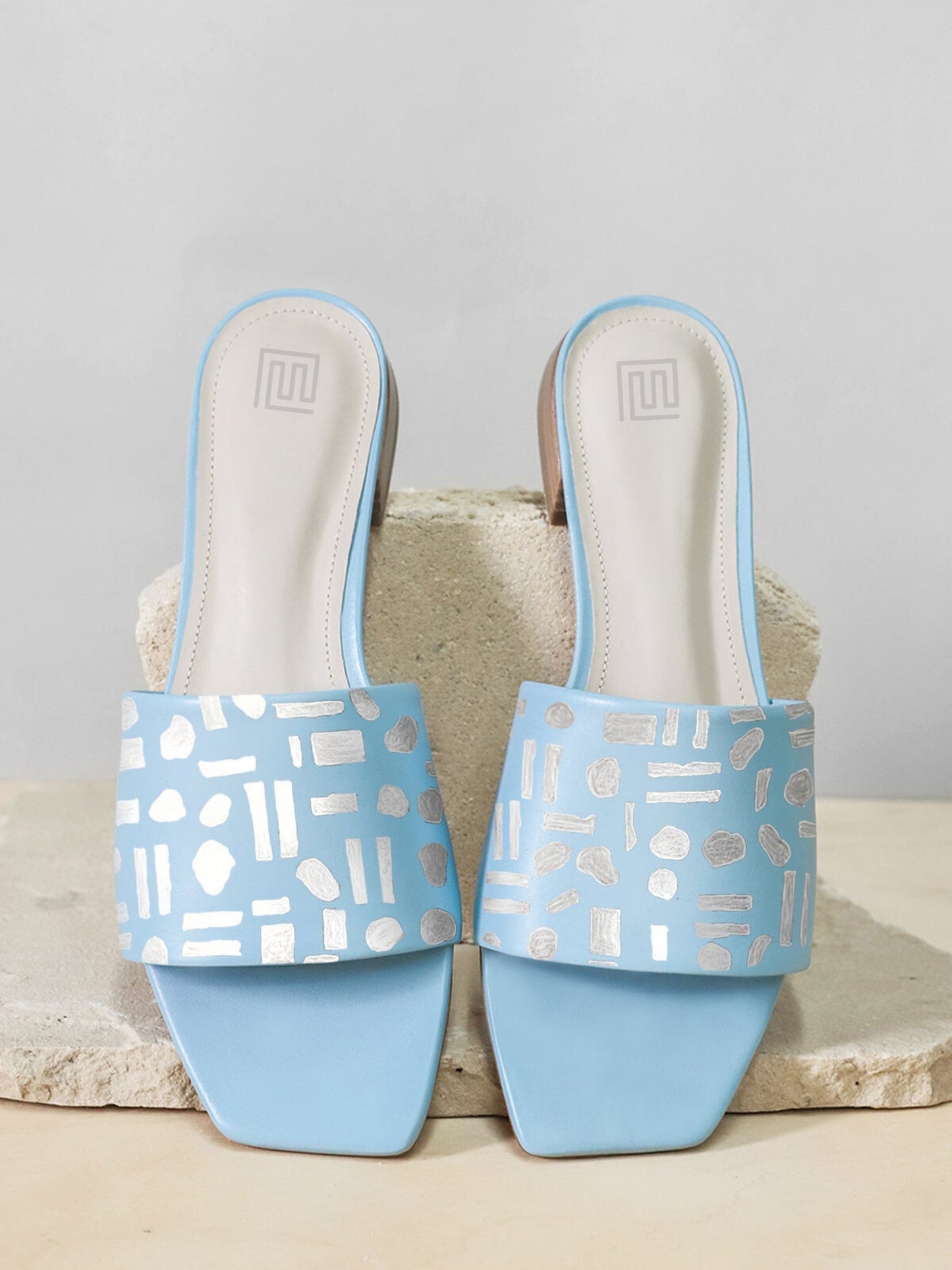 Silver Abstract Pattern Hand Painted Blue Flats