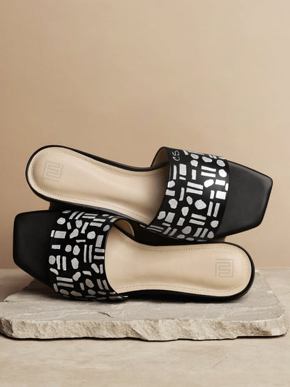 Silver Abstract Pattern Hand Painted Black Flats