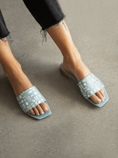 Silver Abstract Pattern Hand Painted Blue Flats