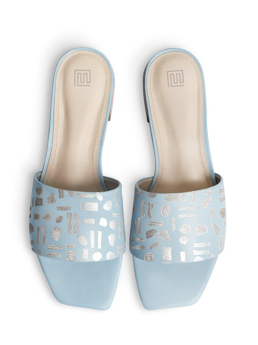 Silver Abstract Pattern Hand Painted Blue Flats